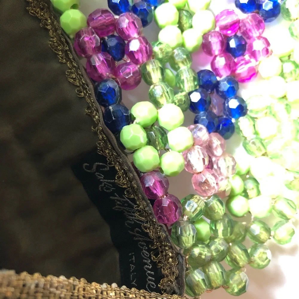 Rare handbeaded Vintage 1970s Saks Fifth ave Italy bead green purple clutch 7”
